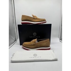 Versace Medusa Suede Leather Loafers Mens IT 39 US 6 Tan Gold Red 7771 NIB